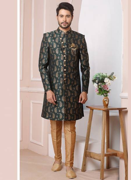 Green Party Wear Mens Jaquard Silk Indo Western Collection 1684